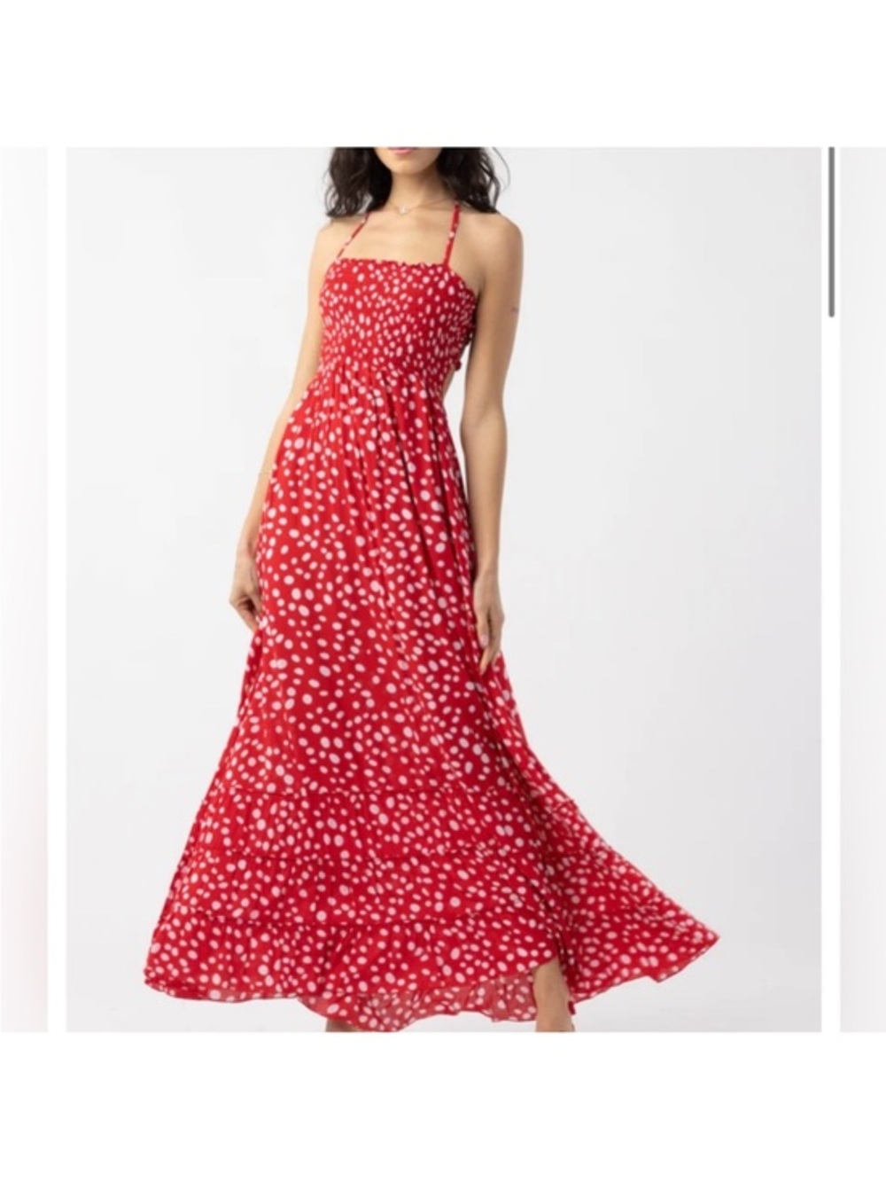 Tiare Hawaii Waverly Red Polka Dot Maxi Dress with Smocked Bodice Reversible